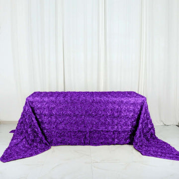 Purple Seamless Grandiose Rosette 3D Satin Rectangle Tablecloth 90"x156" for 8 Foot Table With Floor-Length Drop