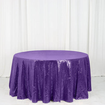 Purple Seamless Premium Sequin Round Tablecloth 120" for 5 Foot Table With Floor-Length Drop