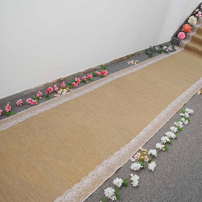 Natural Jute Burlap Aisle Runner with White Floral Lace Borders 30ft