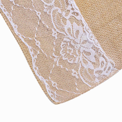 Natural Jute Burlap Aisle Runner with White Floral Lace Borders 30ft
