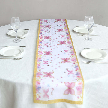 5 Pack White Pink Non-Woven Butterfly Floral Table Runners With Gold Edges, Spring Summer Kitchen Dining Table Decoration - 11"x108"