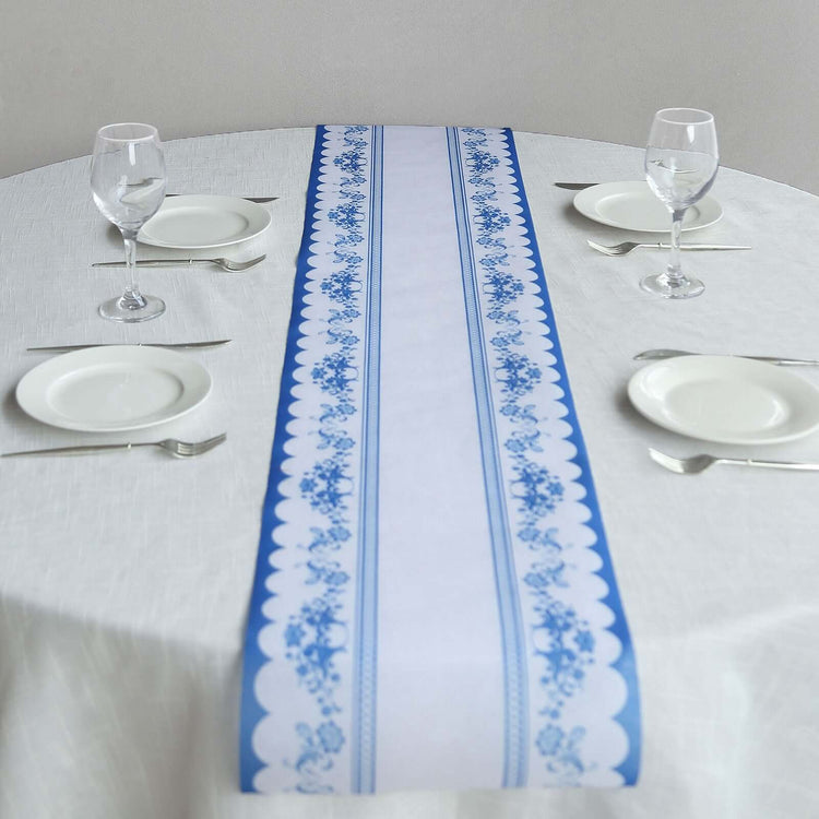 5 Pack White Blue Bordered Style Non-Woven Table Runner with Ornate Floral Prints