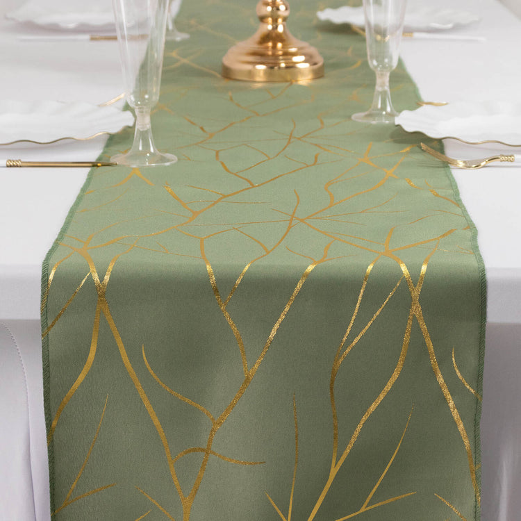 Dusty Sage Green / Gold Foil Tree Branch Pattern Polyester Table Runner 9ft