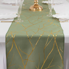 Dusty Sage Green / Gold Foil Tree Branch Pattern Polyester Table Runner 9ft