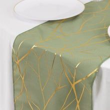 Dusty Sage Green / Gold Foil Tree Branch Pattern Polyester Table Runner 9ft