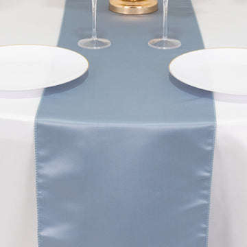 <h3 style="margin-left:0px;"><span style="background-color:transparent;color:#111111;">Stunning Dusty Blue Seamless Lamour Satin Table Runner 12"x108"</span>