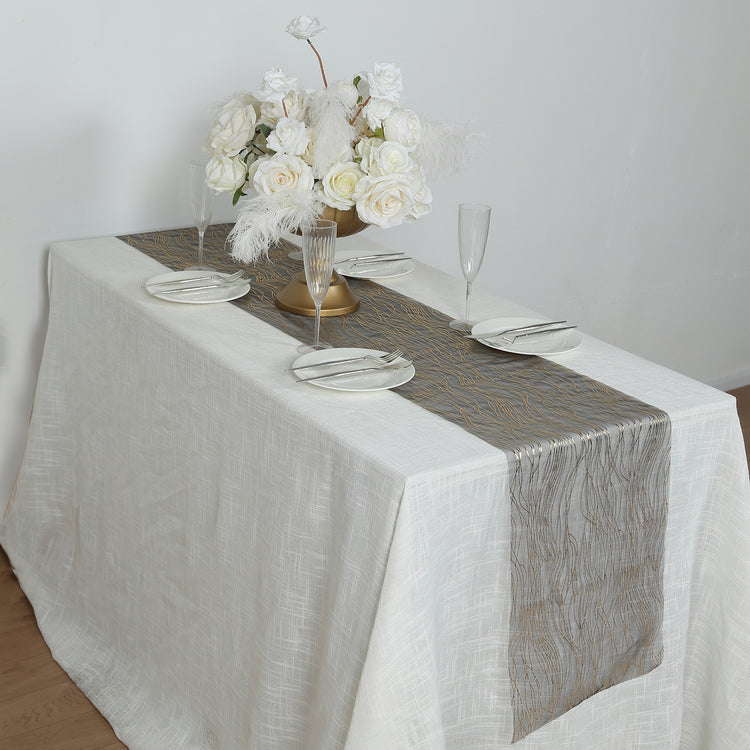 5 Pack Black Mesh Organza Table Runners with Gold Foil Water Wave Pattern