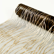 5 Pack Black Mesh Organza Table Runners with Gold Foil Water Wave Pattern