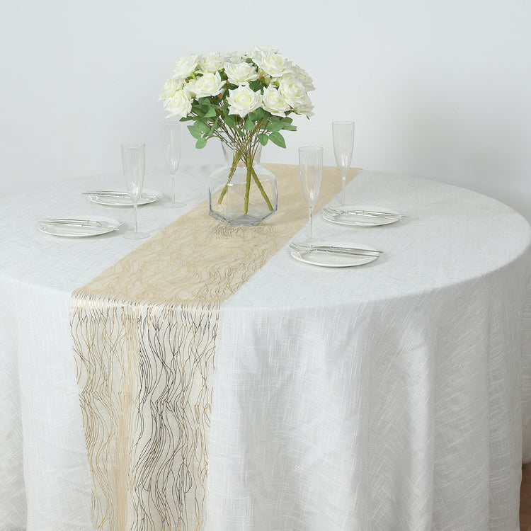 5 Pack Gold Mesh Organza Table Runners with Gold Foil Water Wave Pattern