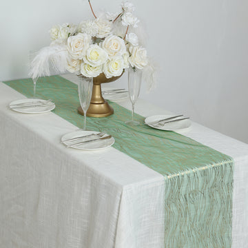 5 Pack Hunter Emerald Green Mesh Organza Table Runners with Gold Foil Water Wave Pattern - 12"x108"