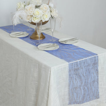 5 Pack Royal Blue Mesh Organza Table Runners with Gold Foil Water Wave Pattern - 12"x108"