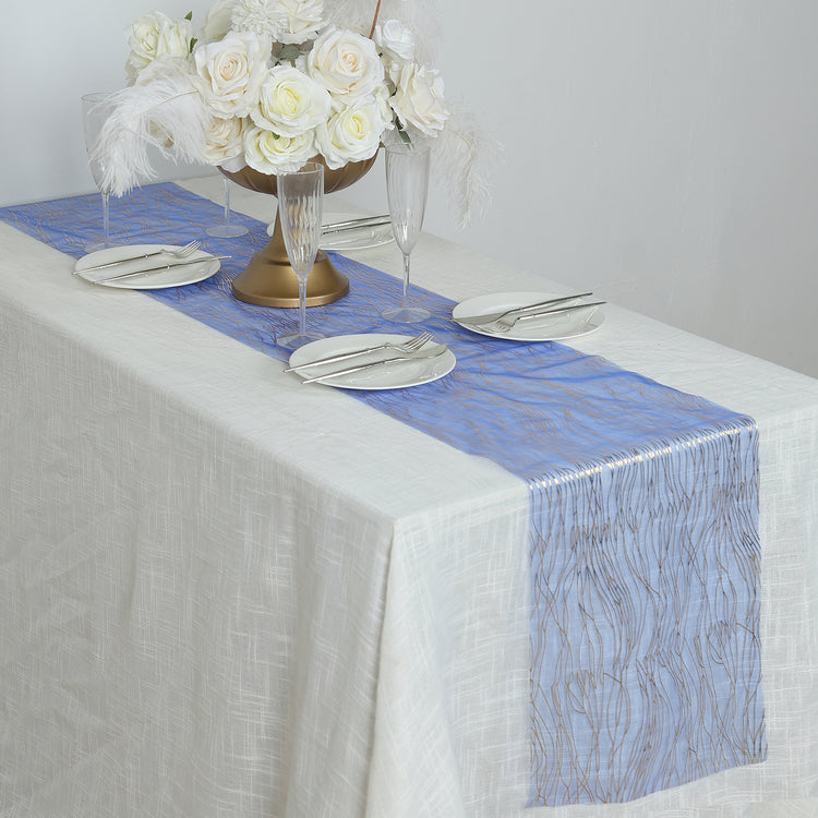 5 Pack Royal Blue Mesh Organza Table Runners with Gold Foil Water Wave Pattern