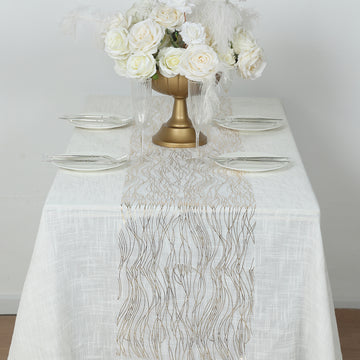 <span style="background-color:transparent;color:#000000;">Luxurious White Mesh Organza Table Runner with a Touch of Gold Glamour</span>