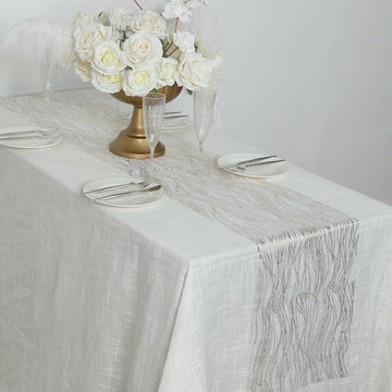 5 Pack White Mesh Organza Table Runners with Gold Foil Water Wave Pattern - 12"x108"