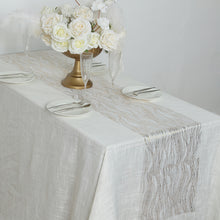 5 Pack White Mesh Organza Table Runners with Gold Foil Water Wave Pattern