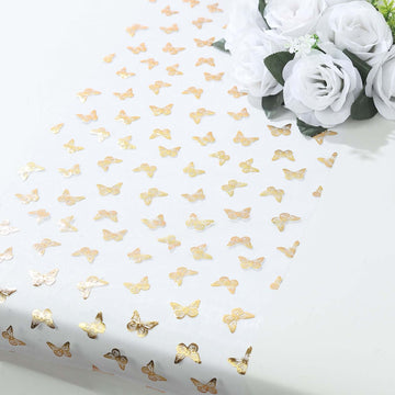 5 Pack White Sheer Organza Table Runners with Metallic Gold Foil Butterfly Motifs - 11"x108"