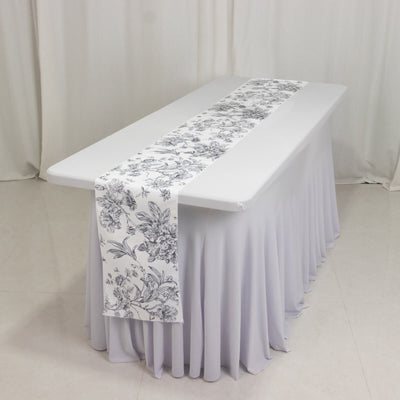 Polyester Table Runner 12"x108" White with Black French Toile Floral Print - Exquisite Reusable Table Décor