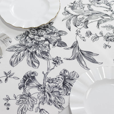 Polyester Table Runner 12"x108" White with Black French Toile Floral Print - Exquisite Reusable Table Décor
