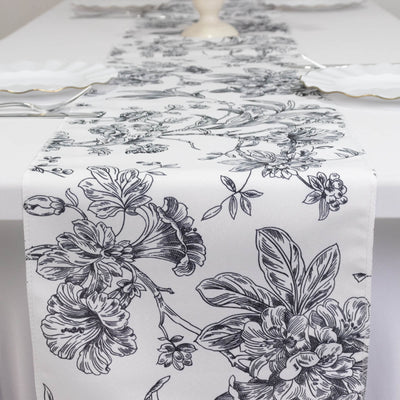 Polyester Table Runner 12"x108" White with Black French Toile Floral Print - Exquisite Reusable Table Décor