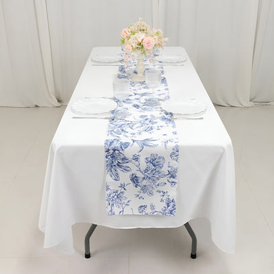 Polyester Table Runner 12"x108" White with Blue French Toile Floral Print - Exquisite Reusable Table Décor