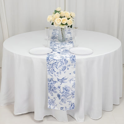 Polyester Table Runner 12"x108" White with Blue French Toile Floral Print - Exquisite Reusable Table Décor