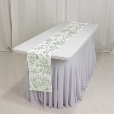 Polyester Table Runner 12"x108" White with Dusty Sage Green French Toile Floral Print - Exquisite Reusable Table Décor