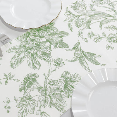 Polyester Table Runner 12"x108" White with Dusty Sage Green French Toile Floral Print - Exquisite Reusable Table Décor