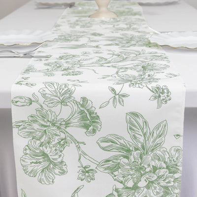 Polyester Table Runner 12"x108" White with Dusty Sage Green French Toile Floral Print - Exquisite Reusable Table Décor