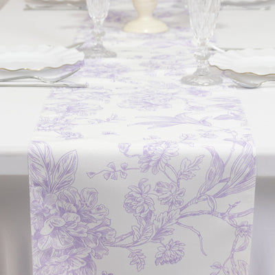 Polyester Table Runner 12"x108" White with Lavender Lilac French Toile Floral Print - Exquisite Reusable Table Décor