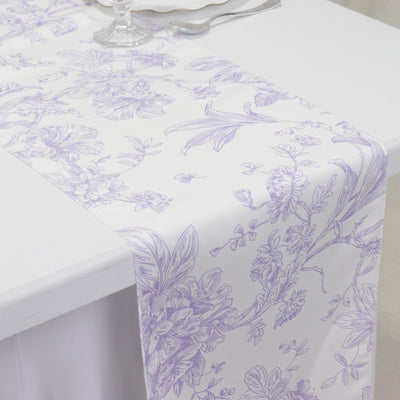 Polyester Table Runner 12"x108" White with Lavender Lilac French Toile Floral Print - Exquisite Reusable Table Décor