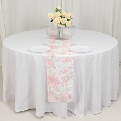 Polyester Table Runner 12"x108" White with Pink French Toile Floral Print - Exquisite Reusable Table Décor