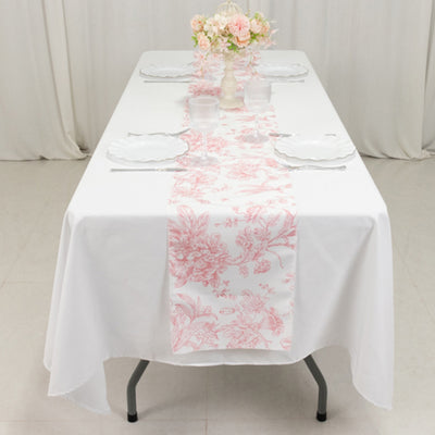 Polyester Table Runner 12"x108" White with Pink French Toile Floral Print - Exquisite Reusable Table Décor