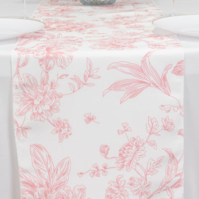 Polyester Table Runner 12"x108" White with Pink French Toile Floral Print - Exquisite Reusable Table Décor