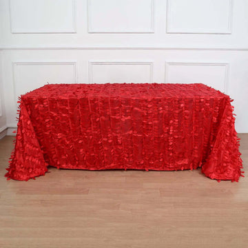 Red 3D Leaf Petal Taffeta Fabric Seamless Rectangle Tablecloth 90"x132" for 6 Foot Table With Floor-Length Drop