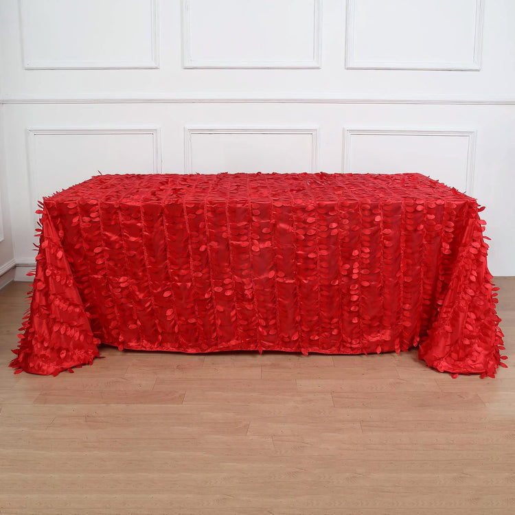Red 3D Leaf Petal Taffeta Fabric Rectangle Tablecloth - 90 Inch X 132 Inch