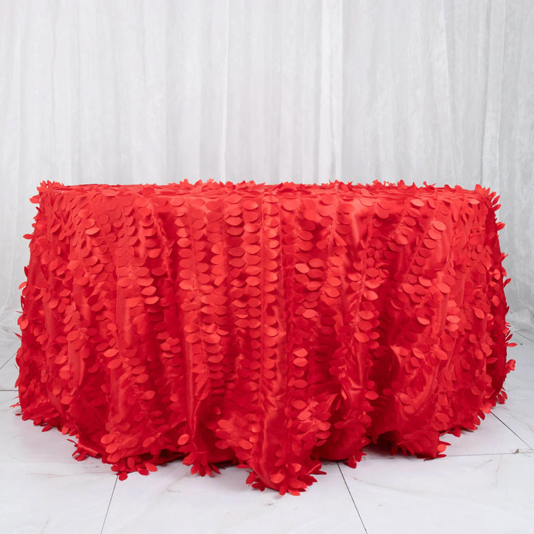 132 Inch - Red Round 3D Leaf Petal Design Taffeta Tablecloth