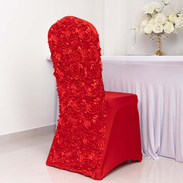 Red Satin Rosette Spandex Stretch Banquet Chair Cover, Fitted Slip On Chair Cover