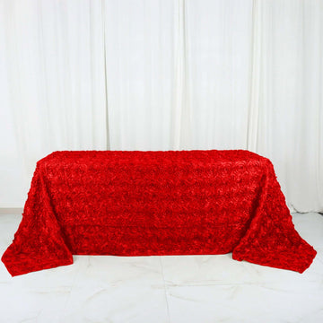 Red Seamless Grandiose 3D Rosette Satin Rectangle Tablecloth 90"x132" for 6 Foot Table With Floor-Length Drop