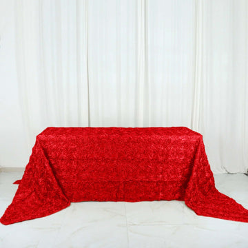 Red Seamless Grandiose Rosette 3D Satin Rectangle Tablecloth 90"x156" for 8 Foot Table With Floor-Length Drop