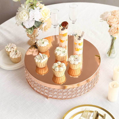 Metal Cake Stand Pedestal 16" Crystal Beaded Design Rose Gold - Cupcake Display and Dessert Riser