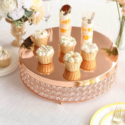 Metal Cake Stand Pedestal 16" Crystal Beaded Design Rose Gold - Cupcake Display and Dessert Riser