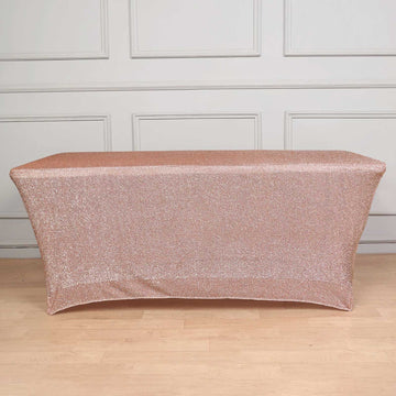 Rose Gold Metallic Shimmer Tinsel Spandex Tablecloth 6ft Rectangle Fitted Table Cover for 72"x30" Tables