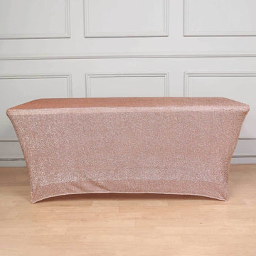 Rose Gold Metallic Shimmer Tinsel Spandex Tablecloth 6ft Rectangle Fitted Table Cover for 72"x30" Tables