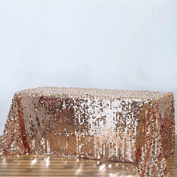 Rose Gold Seamless Big Payette Sequin Rectangle Tablecloth Premium 90"x156" for 8 Foot Table With Floor-Length Drop