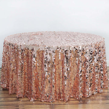 Rose Gold Seamless Big Payette Sequin Round Tablecloth Premium Collection 120" for 5 Foot Table With Floor-Length Drop