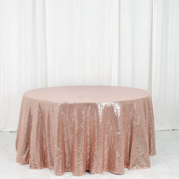 Rose Gold Seamless Premium Sequin Round Tablecloth 120" for 5 Foot Table With Floor-Length Drop