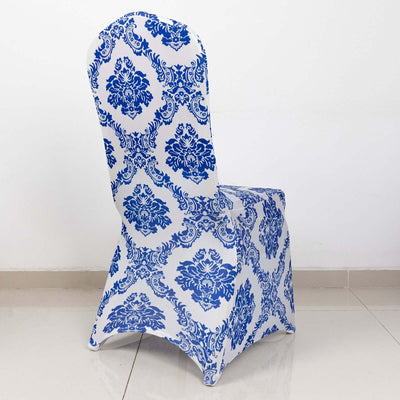 Spandex Banquet Chair Cover Royal Blue with Damask Pattern - 160GSM Stretch Fitted with Foot Pockets