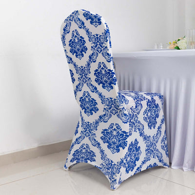 Spandex Banquet Chair Cover Royal Blue with Damask Pattern - 160GSM Stretch Fitted with Foot Pockets