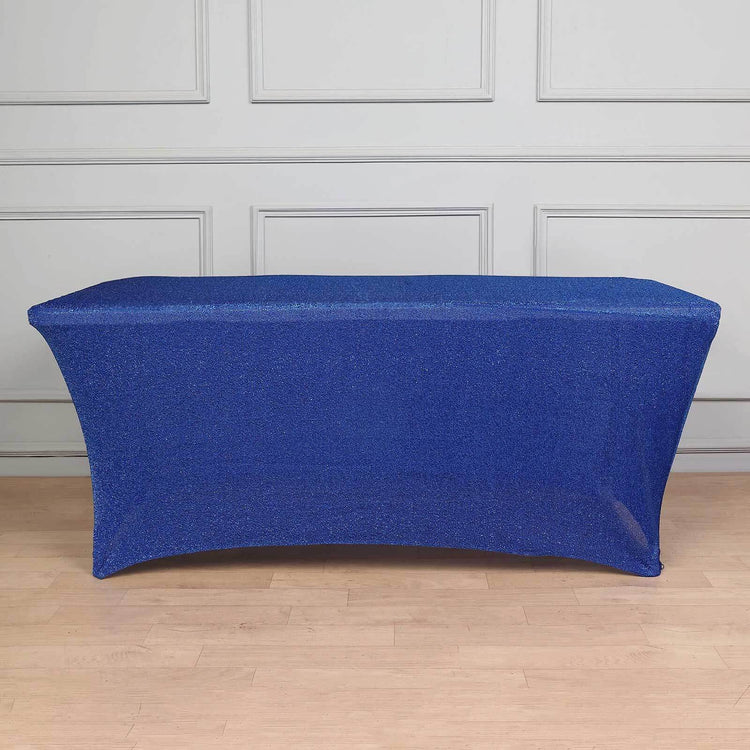 6 Feet Rectangular Royal Blue Metallic Tinsel Shimmer Spandex Table Cover