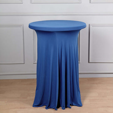 Royal Blue Round Heavy Duty Spandex Cocktail Table Cover With Wavy Drapes